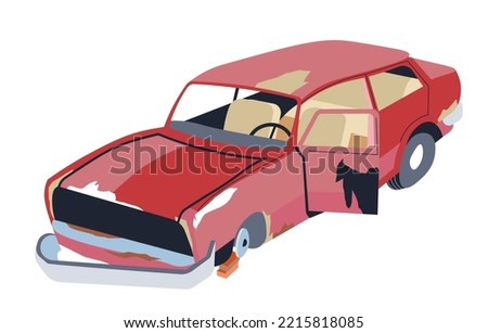 Abandoned auto with rusty parts and damages parts and constructions. Isolated outmoded car with no glass windows. Old school unattended transportation vehicle after an accident. Vector in flat style