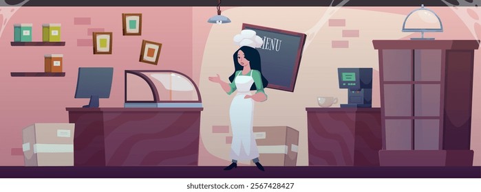 Abandoned bakery shop interior with upset chef woman. Cartoon furniture counter, showcase, shelves, menu board with cobweb. Vector flat destroyed confectionery cafeteria scene