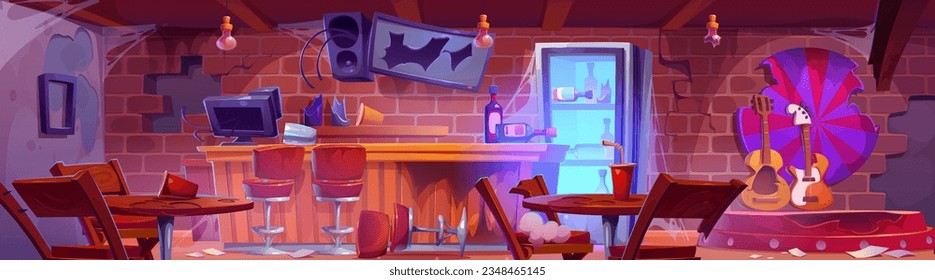 Abandoned bar counter and messy interior cartoon illustration. Broken pub or nightclub with alcohol and crack tv. Guitar on podium near dart on brick wall. Nobody in dirty tavern with fridge