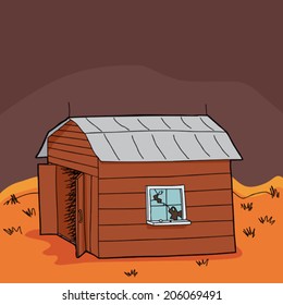 Abandoned barn with broken window in drought