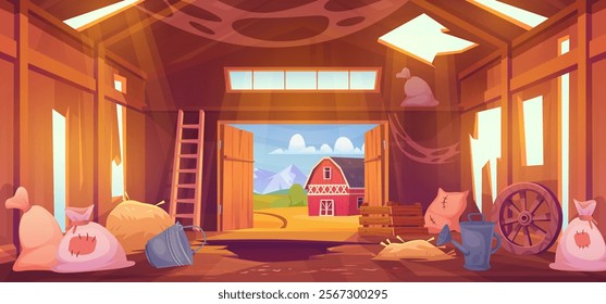 Abandoned barn. Old rustic shed room cartoon interior, broken deserted farmhouse destroyed wooden floor with hole indoor rural stable antique storehouse, swanky vector illustration original artwork