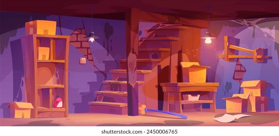 Abandoned basement room interior with cracked walls and broken stairs, wooden rack with cardboard boxes for things storage, mess and cobweb. Cartoon vector illustration of old damaged house cellar.