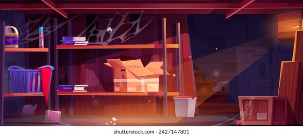 Abandoned basement room interior. Vector cartoon illustration of old cellar or garage with dust and cobweb on shelves with books, boxes, plastic bottles, liquid substance spilled on floor and stairs