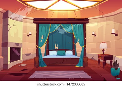 Abandoned Bedroom In Castle With Canopy Double Bed. Scary Empty Palace Apartment Interior With Window On Roof, Fireplace With Spiderweb, Cracked Stone Floor And Dry Plant. Cartoon Vector Illustration