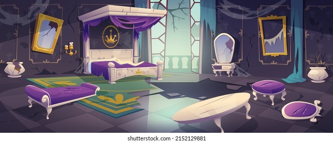 Abandoned bedroom in royal castle or palace. Vector cartoon illustration of old messy princess room interior with broken furniture, canopy bed, mirror in gold frame, couch, torn curtains and carpet