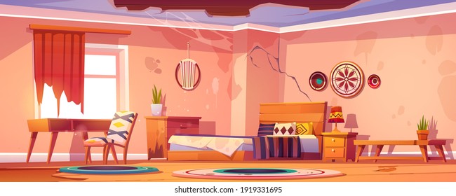 Interior de dormitorio bohemio abandonado, cuarto boho vacío y descuidado con muebles rotos, paredes rotas y techo roto con telaraña, apartamento de casa desierta o hotel Dibujo vectorial de la caricatura