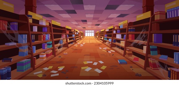 Abandoned book store vector cartoon background. Old library shop house interior illustration for game. Dirty bookshop with junk on floor. Spooky haunted university building with nobody front view