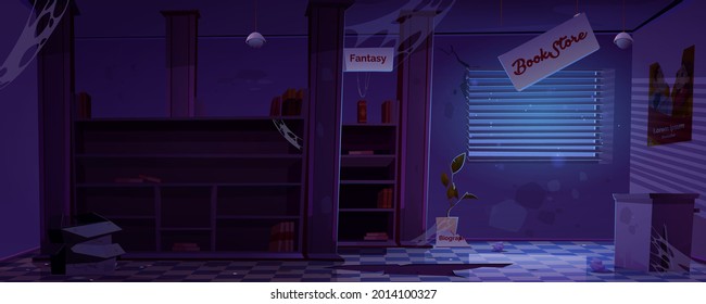 Abandoned bookstore interior at night darkness