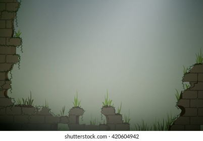 abandoned brick wall with growing grass and sun light, forgotten place vector