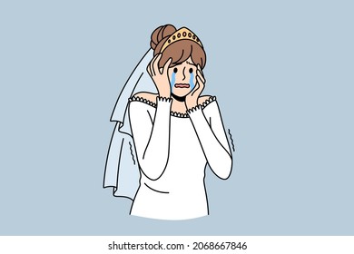 Abandoned bride, deception, betrayal concept. Young sad depressed crying woman wife or bride standing touching face feeling shocked and unhappy vector illustration 