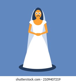 Abandoned bride - sad, unhappy and miserable woman wearing wedding dress is standing alone and lonely without groom. Frowning face. Vector illustration. 