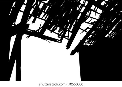 Abandoned broken Barn Gate and its holy Roof from inside. The old Building is caving in, barely standing