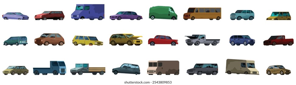 Verlassene defekte Auto-Icons gesetzt. Bunte Sammlung von verschiedenen Autos und LKW, die verschiedene Transport- und Logistikbedürfnisse repräsentieren