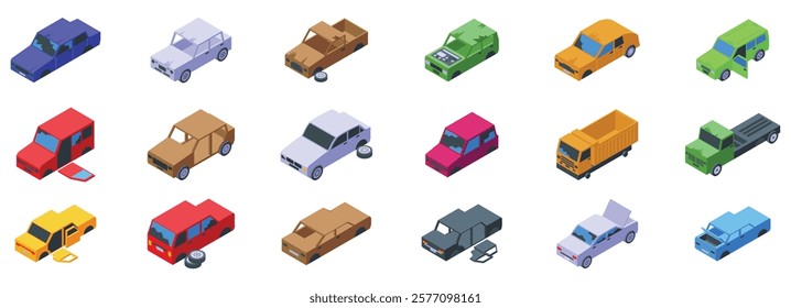  Abandoned broken car icons set. Different stages of car body assembly and repair, showcasing various parts and components in isometric projection