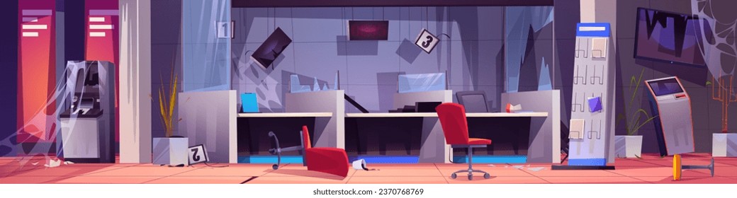 Abandoned and broken closed bank customer service office with damaged furniture and equipment. Cartoon vector financial company crushed cabinet interior with garbage and cobweb, destroyed appliances.