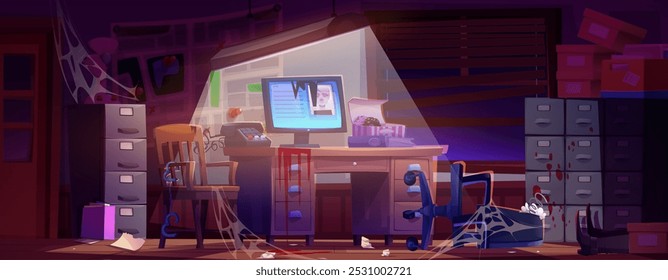 Interior de escritório de detetive quebrado abandonado com móveis danificados, respingos de sangue, pernas de homem deitado, teia de aranha. Ilustração vetorial de desenhos animados da sala da delegacia da polícia falida. Confusão no gabinete do investigador.