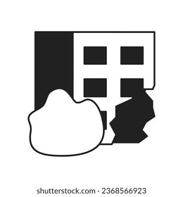 Objeto vectorial plano monocromo de casa rota abandonado. Daños después del desastre. Icono de línea fina blanca y negra modificable. Ilustración puntual de clip de caricatura simple para diseño gráfico web