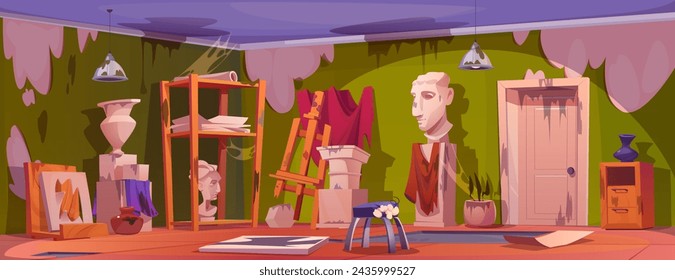 Interior de estudio de pintura roto abandonado con paredes sucias, herramientas de artista dañadas y telaraña. Dibujos animados ilustración vectorial desorden y desorden, agrietados suministros y herramientas en taller de arte o aula escolar.