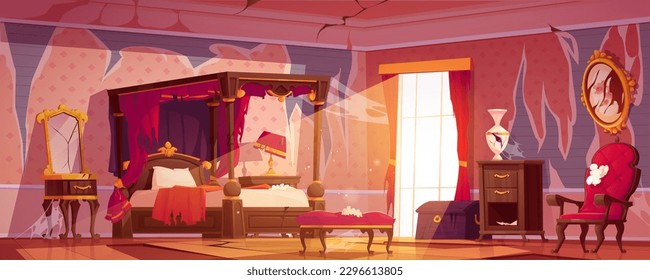 Abandoned broken victorian royal bedroom interior cartoon vector background. Old spooky house room with crack on mirror and torn wallpaper. Medieval indoor boudoir design with sunlight from window.