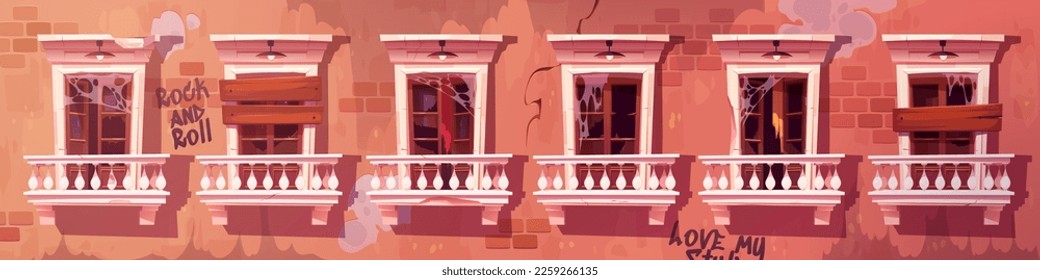 Abandoned building facade. Vector cartoon illustration of old house with broken and boarded up windows, spider web on classic balconies, cracks and graffiti drawings on brick wall. Ghetto background