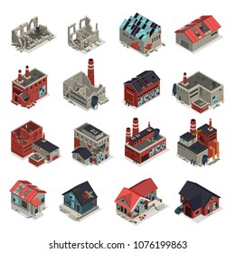 Abandoned buildings isometric set of crumbling old manufacturing workshops and factory ruins isolated vector illustration 