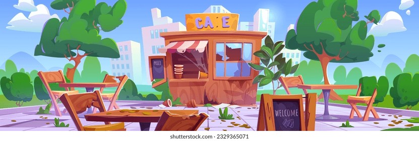 Abandoned cafe, cafeteria or street restaurant with dirty broken furniture, booth and garbage. Old messy outdoor cafe with broken tables and chairs and trash, vector cartoon illustration