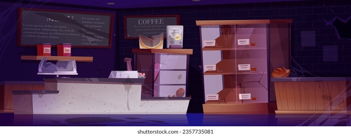 Cafetería abandonada con mobiliario polvoriento y vidrio roto. Dibujo vectorial de la bancarrota de café interior, pan rancio, ratón en estantería, mostrador sucio, telaraña en las paredes, tablero de menús dañado