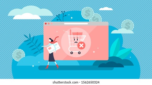 Abandoned card vector illustration. Flat tiny cancel purchase persons concept. Lack of buy motivation scene with left full cart as PIN forgotten or insufficient funds reason. Exit and deny transaction