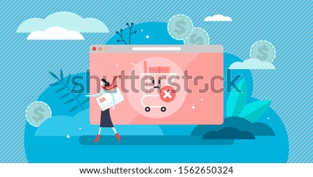 Abandoned card vector illustration. Flat tiny cancel purchase persons concept. Lack of buy motivation scene with left full cart as PIN forgotten or insufficient funds reason. Exit and deny transaction