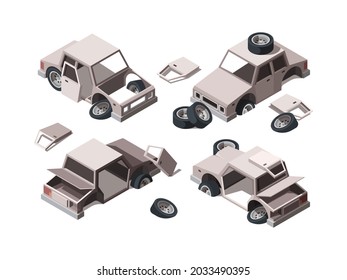 Abandoned cars. Damaged rusty old metalic vehicles scrap broken cars garish vector isometric illustrations