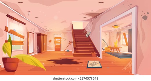 Abandoned cartoon house hallway and messy living room with broken furniture and cobweb. Vector illustration of empty spooky home with dirty walls, cracks in floor and ceiling, boarded door and windows