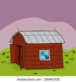 Abandoned cartoon wooden barn with tin roof