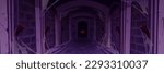 Abandoned castle cave for medieval game cartoon. Creature eye glow in corridor. Dark spooky masonry stone wall in palace underground dungeon corridor. Halloween scary horror fantasy jail front view.