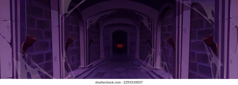 Abandoned castle cave for medieval game cartoon. Creature eye glow in corridor. Dark spooky masonry stone wall in palace underground dungeon corridor. Halloween scary horror fantasy jail front view.