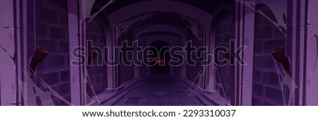 Abandoned castle cave for medieval game cartoon. Creature eye glow in corridor. Dark spooky masonry stone wall in palace underground dungeon corridor. Halloween scary horror fantasy jail front view.