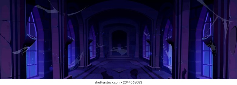 Abandoned castle corridor at night. Vector cartoon illustration of spooky hall in medieval royal palace with broken tiles on floor, dusty cobweb and empty torches on stone walls, scary dark hallway