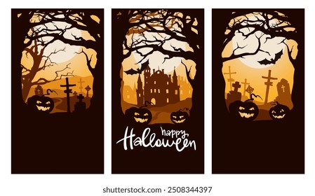 Abandoned castle and a creepy cemetery on the background of the full moon. Vector illustration, set of backgrounds for Halloween.	