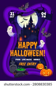 Abandoned castle, flying ghosts and witch cauldron of magic potion on paper cut Halloween party flyer. Layered vector poster with full moon, ghosts, graveyard, pumpkin and cauldron for Halloween party