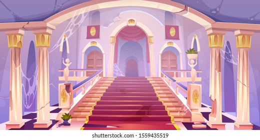 Abandoned castle staircase, empty old palace hall entrance interior with spider web, cracked pillars, statues, dilapidated rag and wood doors, medieval antique architecture Cartoon vector illustration