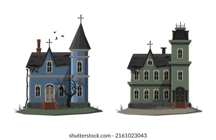 Abandoned castles set. Haunted gothic mansions cartoon vector illustration