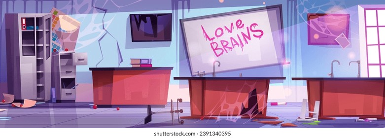 Abandoned chemistry classroom with broken glass equipment. Vector cartoon illustration of messy school lab with dusty desk, cracked tv on wall, cobweb on furniture, spilled color liquids on floor