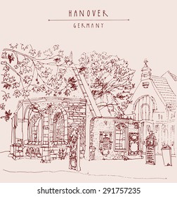 Abandoned church ruins in Hanover, Germany, Europe. Vector illustration. Historical building. Line art. Freehand drawing. Travel sketch with hand lettering. Vintage postcard illustration template