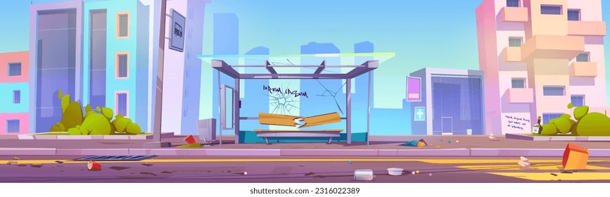 Abandoned city broken bus stop station with crack cartoon background. Modern dirty public glass transport construction on highway. Criminal and violence in town scene with nobody outdoor concept