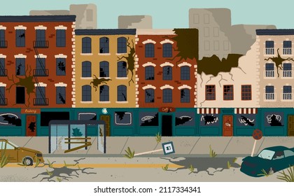 Abandoned City Buildings Vector Cartoon Illustration. People Left Town After Earthquake Or Apocaliptic Disaster. City House With Broken Walls And Commercial Property. Damage Zone After Violent Riots