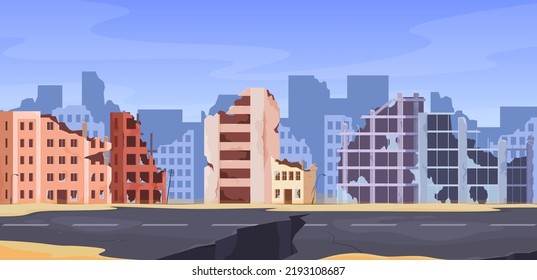 Abandoned city. Destroyed buildings, collapsed walls and broken windows. Consequences of catastrophes on buildings of various types. Vector illustration