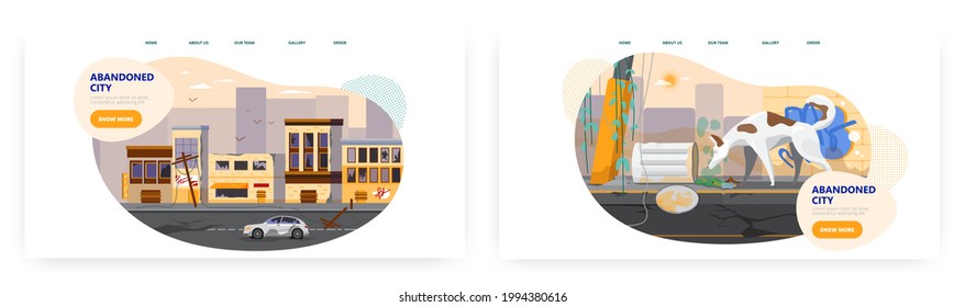 Abandoned city landing page design, website banner vector template set.