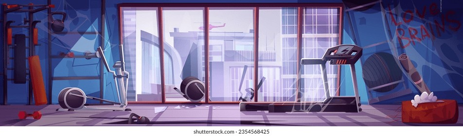 Abandoned and closed gym with broken exercise machines and sports equipment. Cartoon vector dirty smashed fitness club room with destroyed physical training gear, scattered garbage and cobwebs.