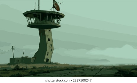 Abandoned Control Tower in Desolate Post-Apocalyptic Landscape Illustration