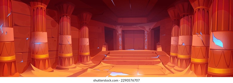 Abandoned corridor inside ancient Egyptian temple. Vector cartoon illustration of old hallway with dust and cobweb on pillars, antique hieroglyphs on stone walls, neon cracks. Archeological find