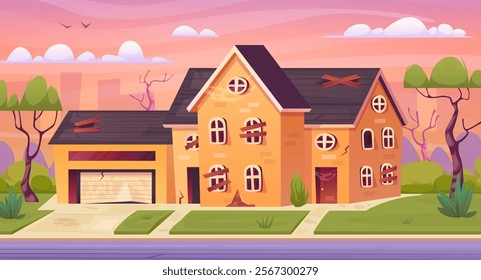 Abandoned cottage. Old dilapidated suburban house, broken mansion exterior cartoon landscape residential village housing destroyed derelict home front, swanky vector illustration original artwork